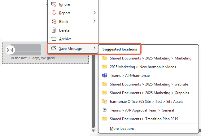 Smart saving of emails to Microsoft 365 in a single click with smart suggested locations